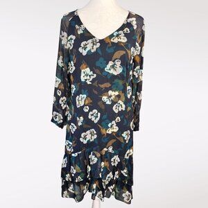 CAbi Floral Chiffon V Neck Tiered Ruffle Dress XS